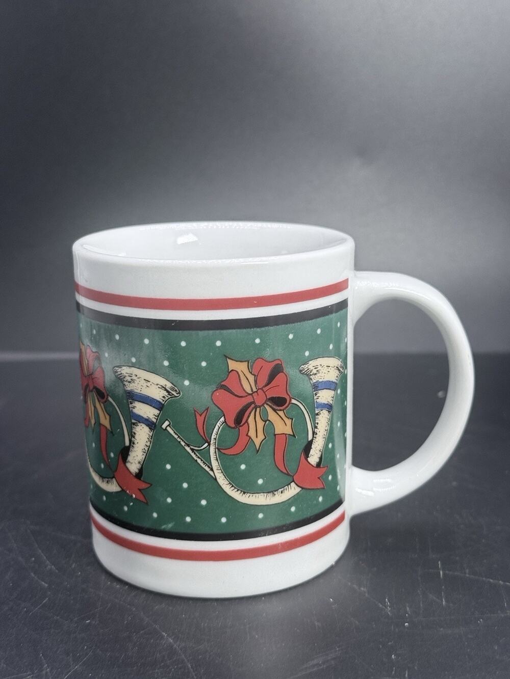 Vintage Christmas Coffee Mug French Horn Holly Bows Green Red Holiday Cup